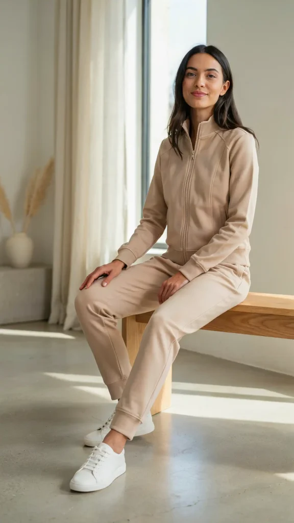 Beige-Matching-Tracksuit-with-Minimal-Sporty-Elegance Beige Matching Tracksuit with Minimal Sporty Elegance