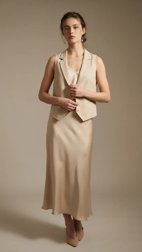 Beige-Waistcoat-Vest-with-Satin-Skirt-for-Quiet-Luxury-Looks Beige Waistcoat Vest with Satin Skirt for Quiet Luxury Looks