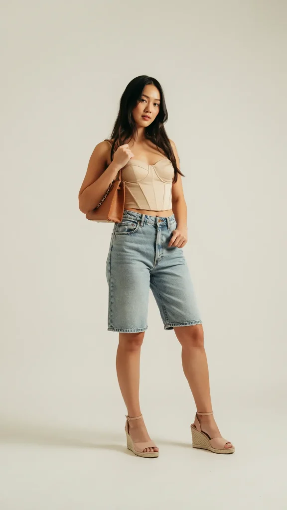 Beige-corset-top-with-high-rise-jorts-stylish-summer-look Beige corset top with high rise jorts stylish summer look