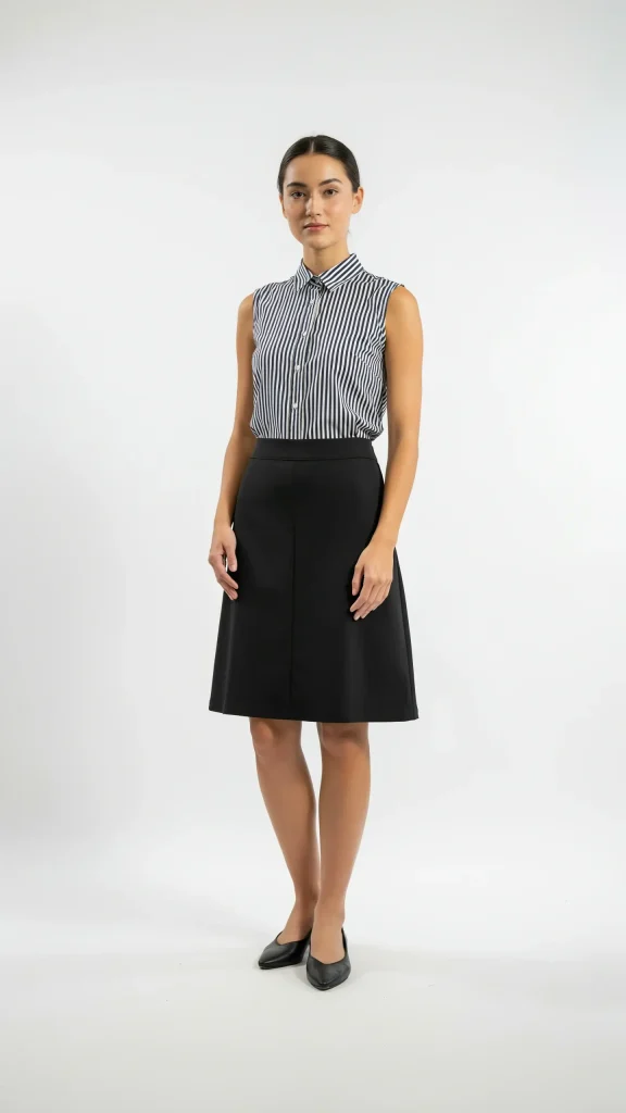 Black-A-Line-Skirt-With-Striped-Sleeveless-Button-Shirt Black A-Line Skirt With Striped Sleeveless Button Shirt