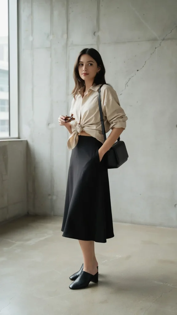 Black-Asymmetrical-Skirt-With-Beige-Knotted-Shirt-Outfit Black Asymmetrical Skirt With Beige Knotted Shirt Outfit