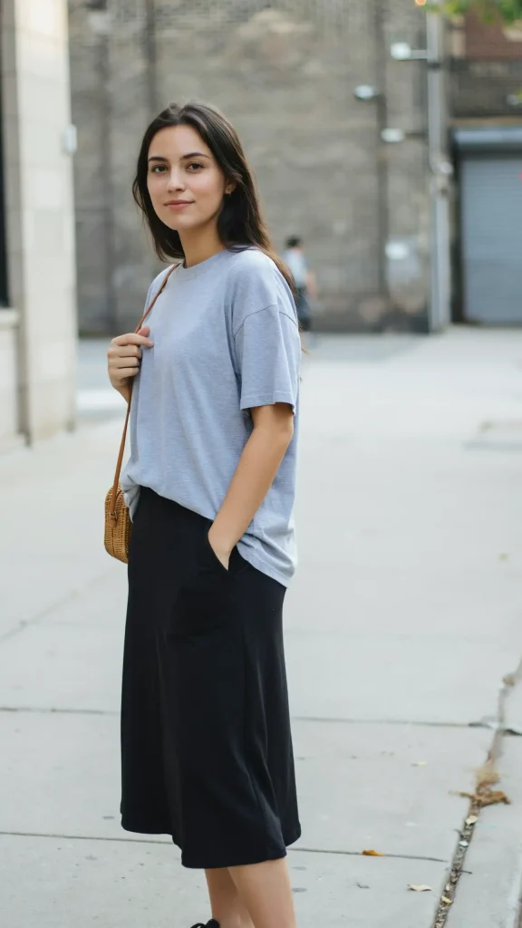 Black-Casual-Skirt-With-Grey-Oversized-Tee-Street-Look Black Casual Skirt With Grey Oversized Tee Street Look