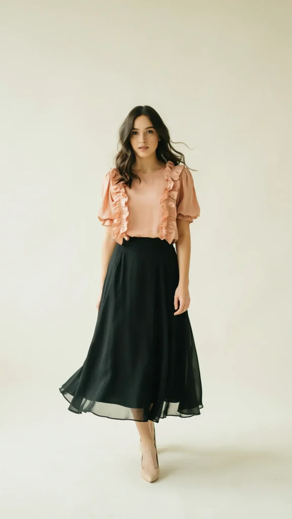 Black-Chiffon-Skirt-With-Peach-Ruffle-Sleeve-Blouse-Outfit Black Chiffon Skirt With Peach Ruffle Sleeve Blouse Outfit