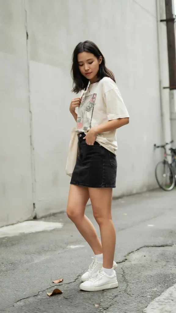 Black-Denim-Skirt-With-Graphic-Tee-And-Sneakers-Outfit Black Denim Skirt With Graphic Tee And Sneakers Outfit