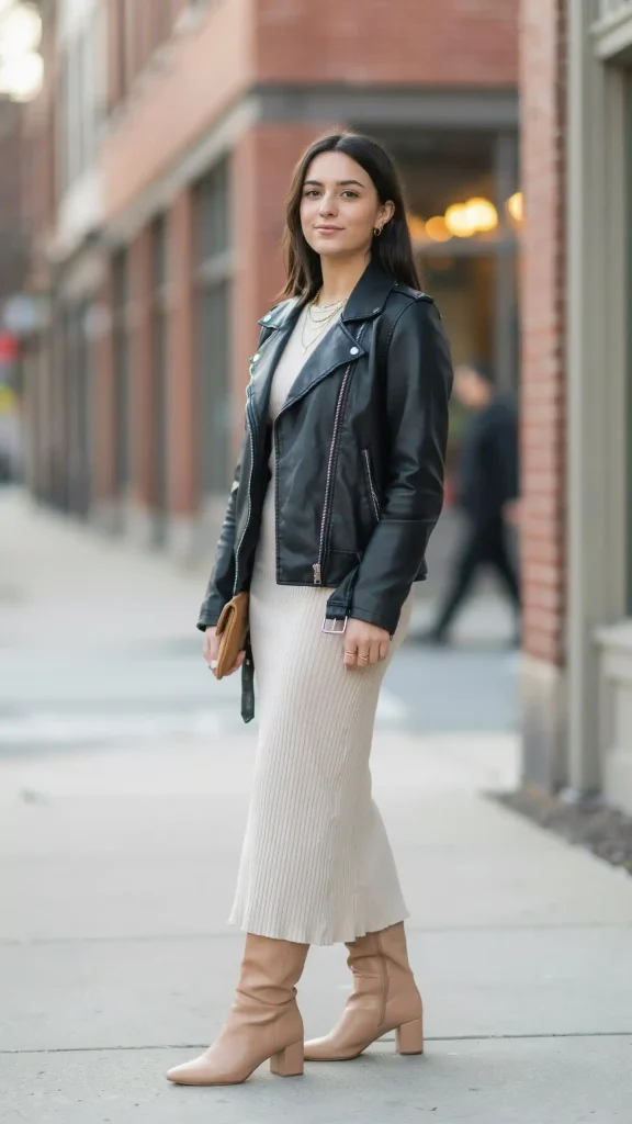 Black-Faux-Leather-Jacket-with-Neutral-Knit-Dress-Ensemble Black Faux Leather Jacket with Neutral Knit Dress Ensemble