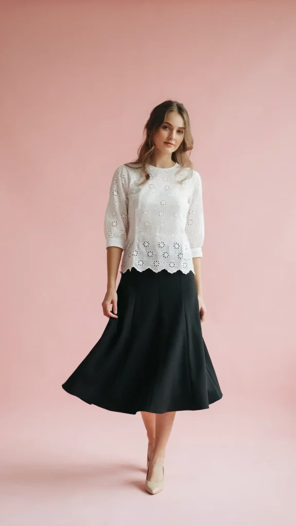 Black-Flared-Skirt-With-White-Eyelet-Lace-Summer-Blouse Black Flared Skirt With White Eyelet Lace Summer Blouse