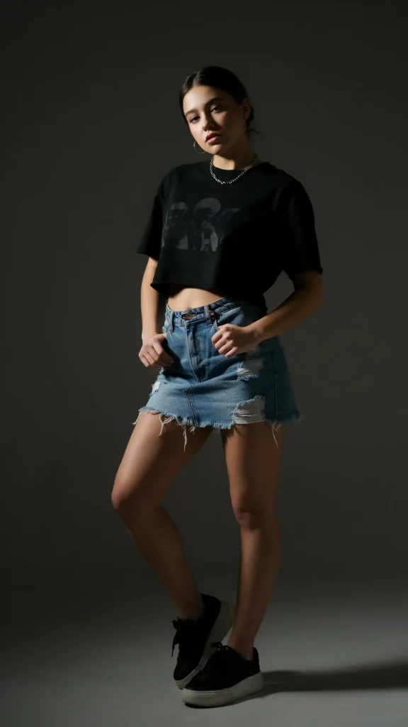 Black-Graphic-Baby-Tee-with-Distressed-Denim-Mini-Skirt Black Graphic Baby Tee with Distressed Denim Mini Skirt