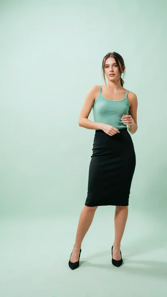 Black-High-Waist-Skirt-With-Mint-Green-Tank-Top-Style Black High Waist Skirt With Mint Green Tank Top Style