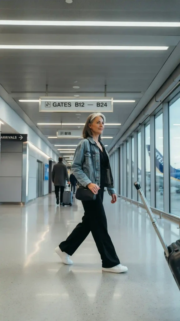 Black-Jumpsuit-With-Denim-Jacket-For-Modern-Travel-Chic Black Jumpsuit With Denim Jacket For Modern Travel Chic