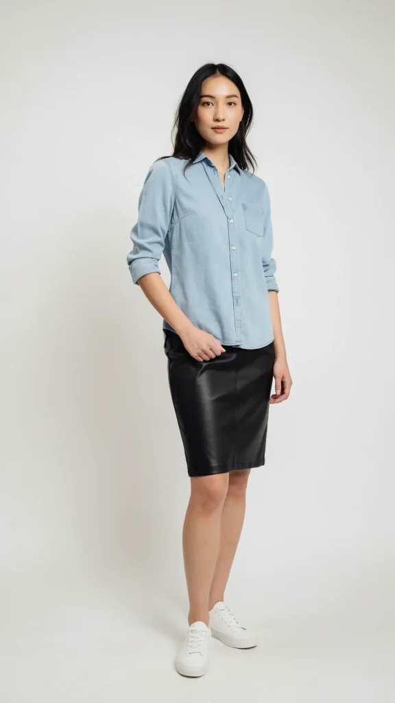 Black-Leather-Skirt-With-Light-Blue-Cotton-Shirt-Look Black Leather Skirt With Light Blue Cotton Shirt Look