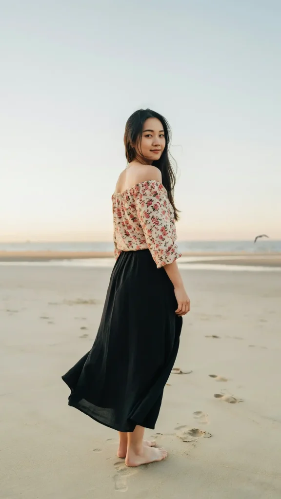 Black-Maxi-Skirt-With-Off-Shoulder-Floral-Blouse-Outfit Black Maxi Skirt With Off Shoulder Floral Blouse Outfit