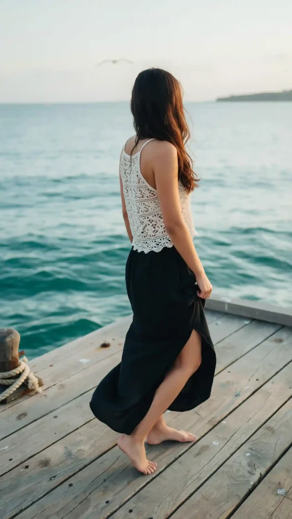 Black-Maxi-Skirt-With-White-Crochet-Beach-Top-Outfit Black Maxi Skirt With White Crochet Beach Top Outfit