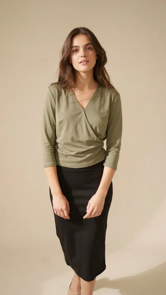 Black-Midi-Skirt-With-Olive-Green-Wrap-Blouse-Summer-Look Black Midi Skirt With Olive Green Wrap Blouse Summer Look