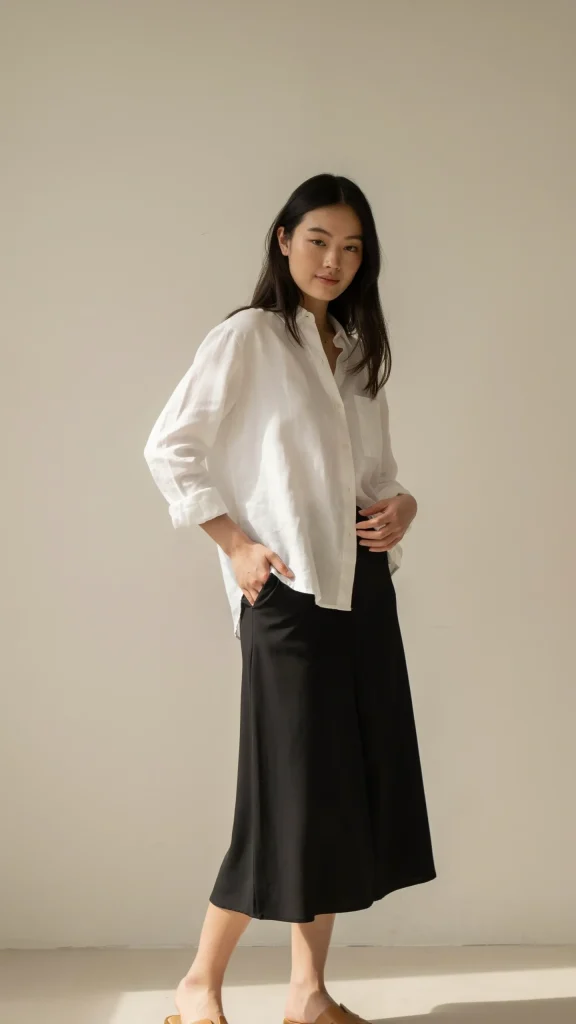 Black-Midi-Skirt-With-White-Linen-Shirt-Summer-Look Black Midi Skirt With White Linen Shirt Summer Look