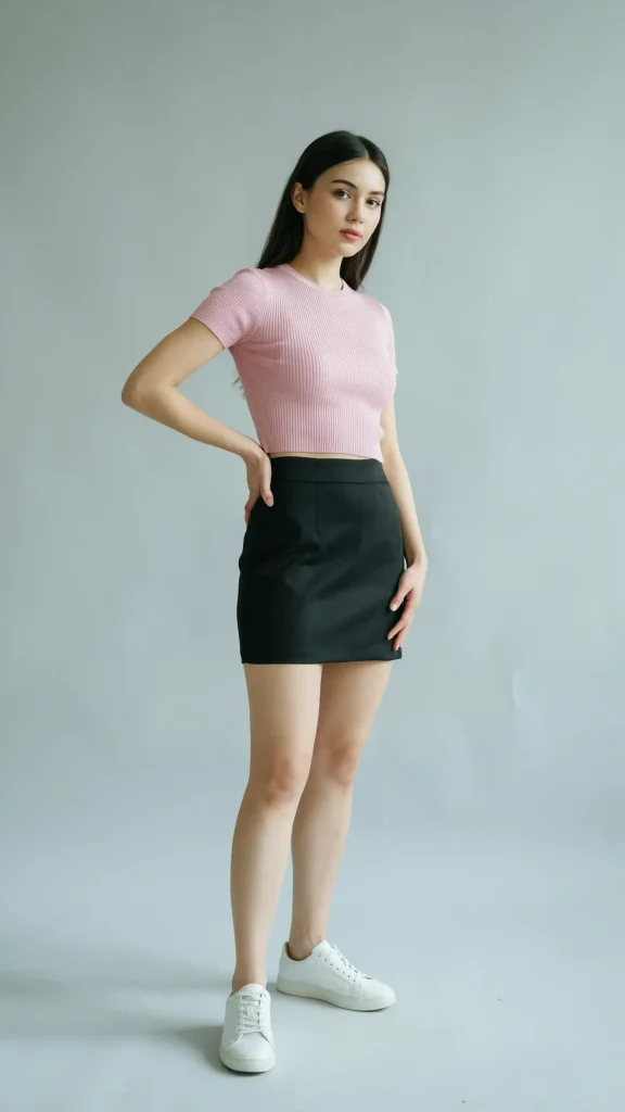 Black-Mini-Skirt-With-Pastel-Pink-Crop-Top-Outfit Black Mini Skirt With Pastel Pink Crop Top Outfit
