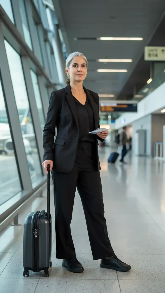 Black-Monochrome-Airport-Look-With-Tailored-Wide-Leg-Pants Black Monochrome Airport Look With Tailored Wide Leg Pants