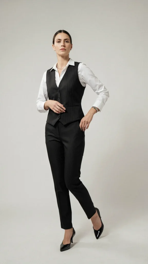 Black-Pinstripe-Vest-with-Black-Trousers-for-Office-Inspired-Style Black Pinstripe Vest with Black Trousers for Office Inspired Style