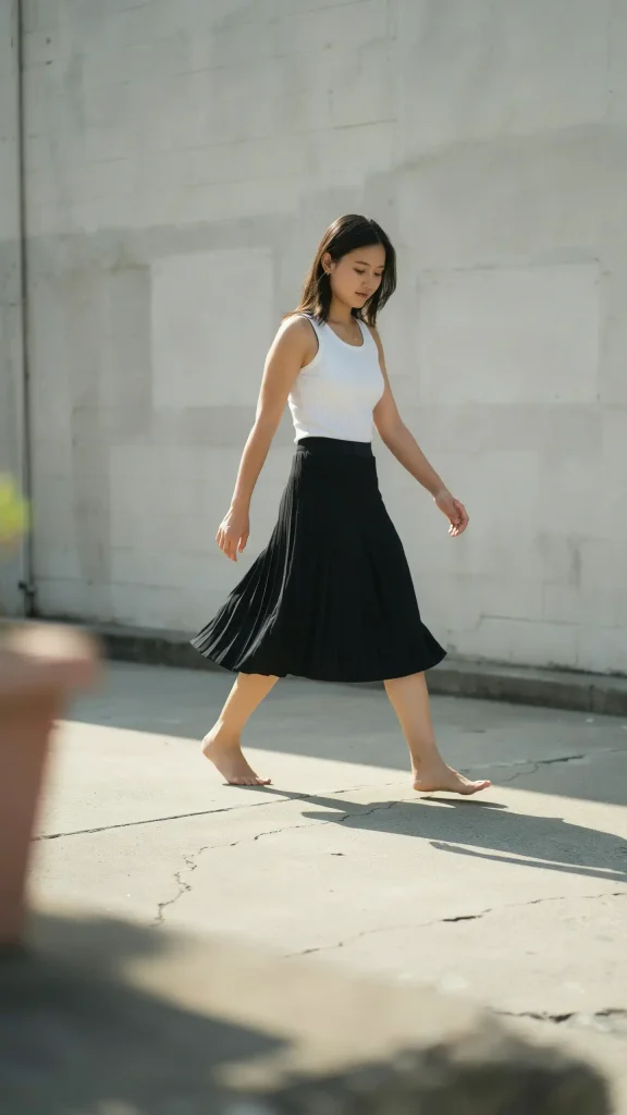 Black-Pleated-Skirt-With-White-Sleeveless-Ribbed-Tank-Top-Style Black Pleated Skirt With Sleeveless Ribbed Tank Top Style