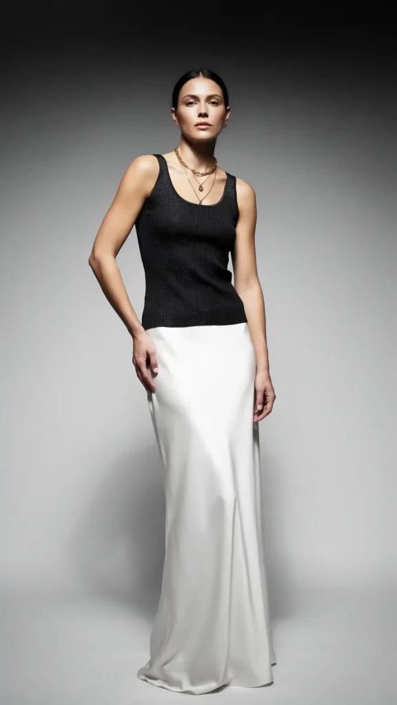 Black-Ribbed-Tank-with-Shimmer-With-Stylish-Jewelery-and-White-Silk-Maxi-Skirt Black Ribbed Tank with Shimmer With Stylish Jewelry and White Silk Maxi Skirt