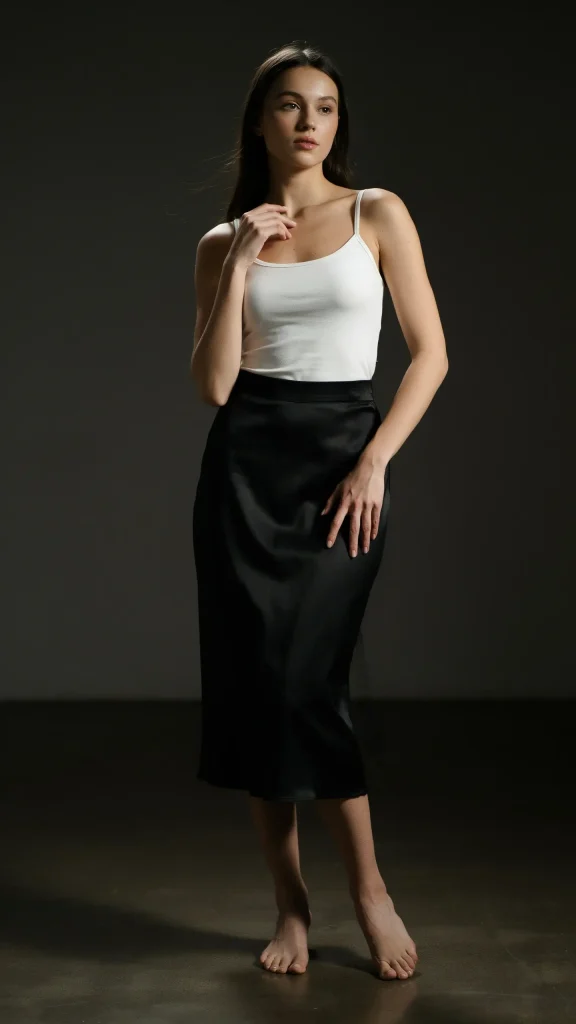 Black-Satin-Skirt-With-White-Spaghetti-Strap-Camisole-Look Black Satin Skirt With White Spaghetti Strap Camisole Look
