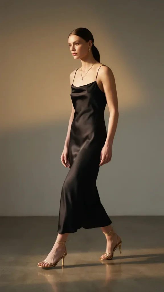 Black-Satin-Slip-Dress-with-Strappy-Heels-and-Gold-Jewelry Black Satin Slip Dress with Strappy Heels and Gold Jewelry