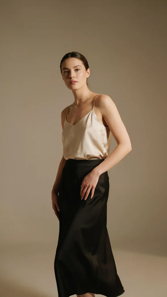 Black-Silk-Skirt-With-Champagne-Satin-Camisole-Outfit-Style Black Silk Skirt With Champagne Satin Camisole Outfit Style