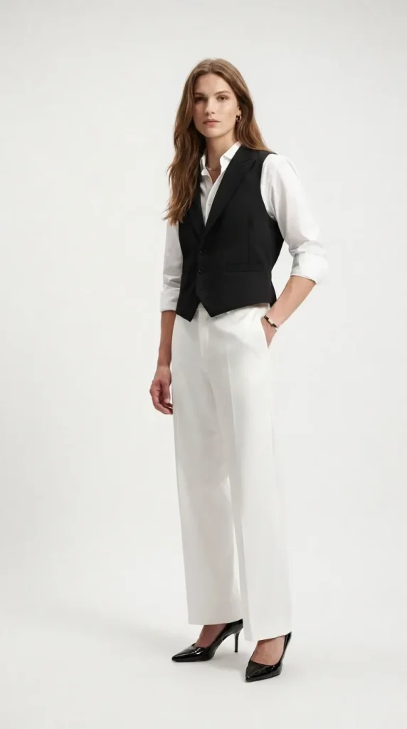 Black-Tailored-Vest-with-White-Pants-for-Minimal-Chic-Style Black Tailored Vest with White Pants for Minimal Chic Style