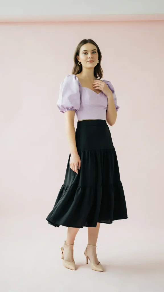 Black-Tiered-Skirt-With-Lavender-Puff-Sleeve-Crop-Top Black Tiered Skirt With Lavender Puff Sleeve Crop Top