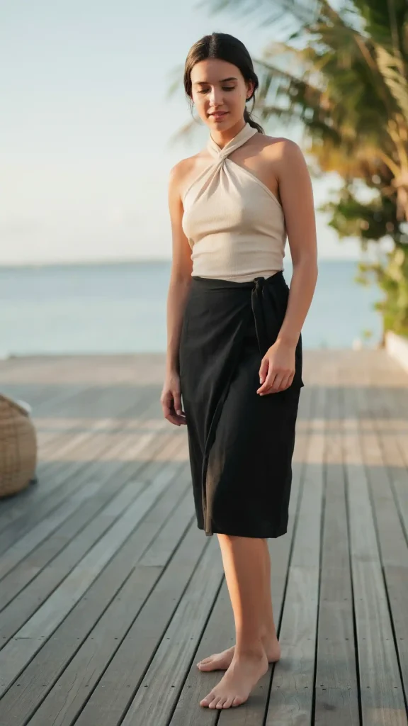 Black-Wrap-Skirt-With-Beige-Halter-Neck-Summer-Top Black Wrap Skirt With Beige Halter Neck Summer Top