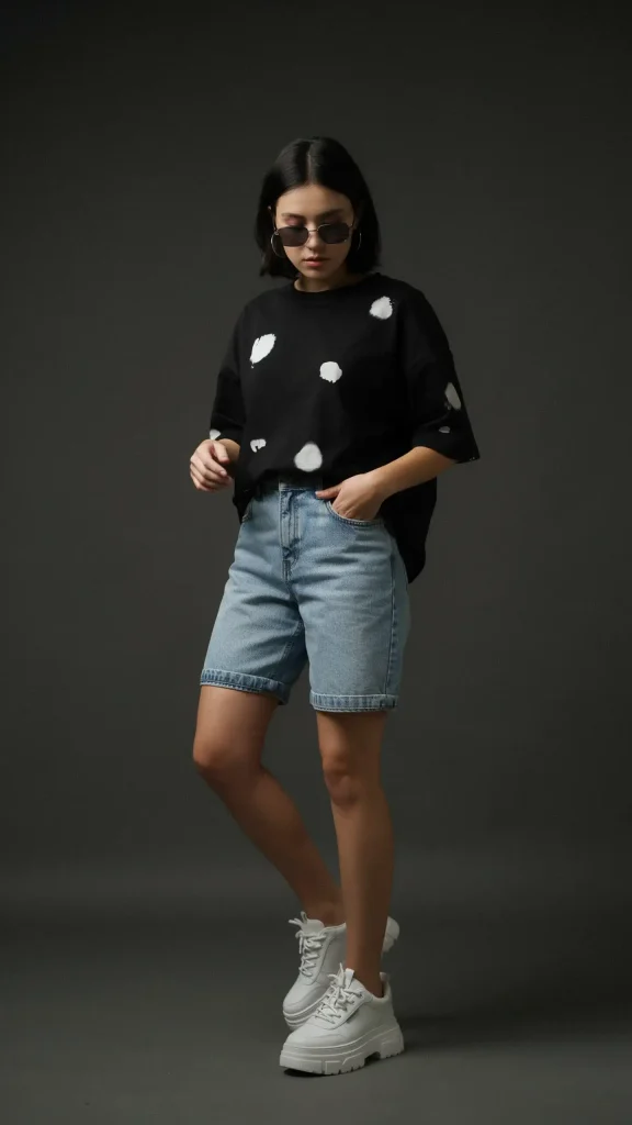 Black-abstract-design-top-with-denim-jorts-edgy-summer-look Black abstract design top with denim jorts edgy summer look