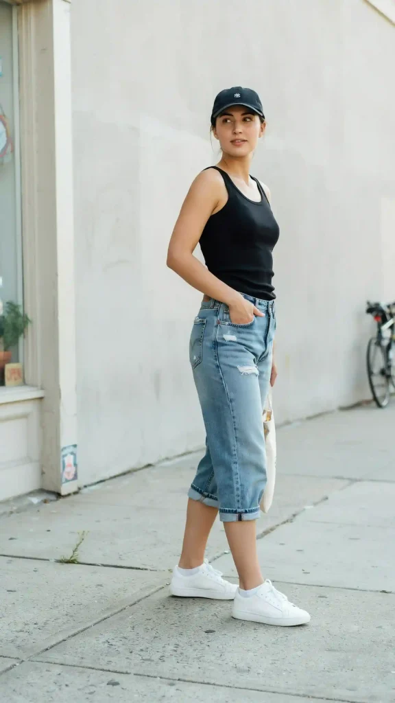Black-tank-top-with-distressed-jorts-casual-street-style Black tank top with distressed jorts casual street style