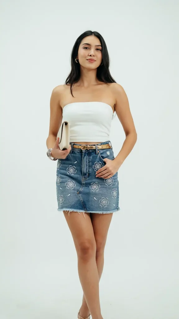 Blue-Denim-Mini-Skirt-With-Embroidery-and-White-Tube-Top-Party-Outfit Blue Denim Mini Skirt With Embroidery and White Tube Top Party Outfit