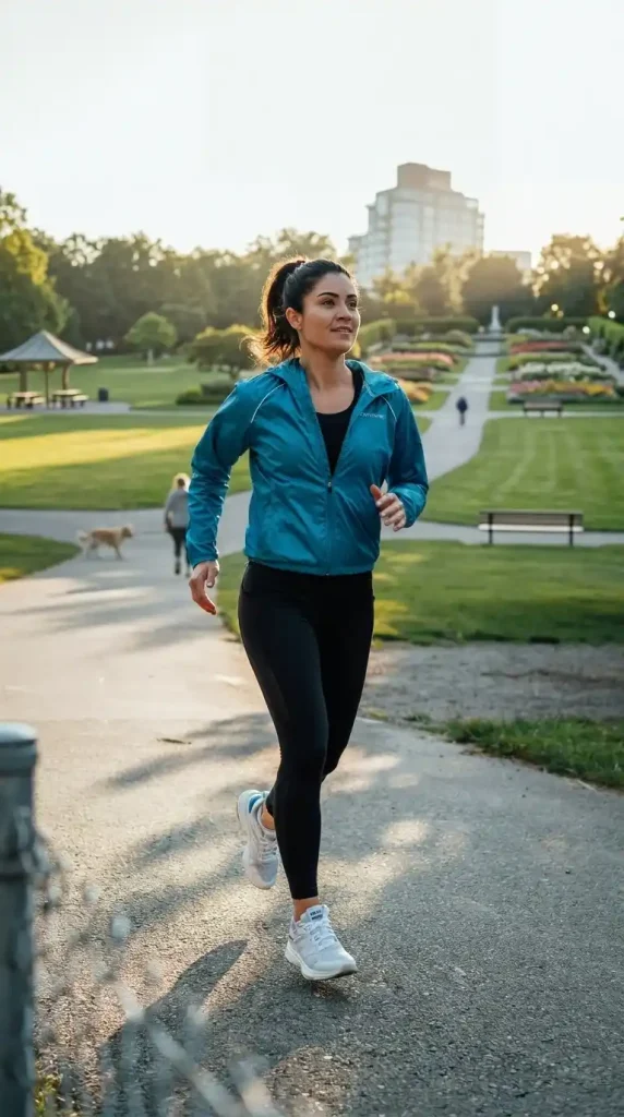 Blue-Windbreaker-Jacket-Outfit-with-Leggings-and-Sneakers Blue Windbreaker Jacket Outfit with Leggings and Sneakers