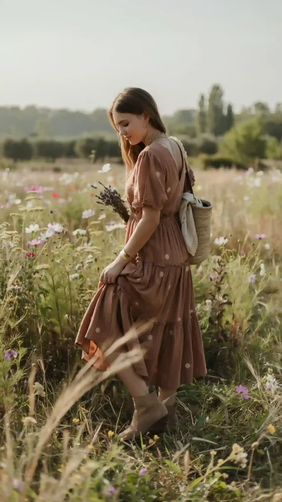 Brown-Floral-Boho-Dress-With-Earthy-Seasonal-Style Brown Floral Boho Dress With Earthy Seasonal Style