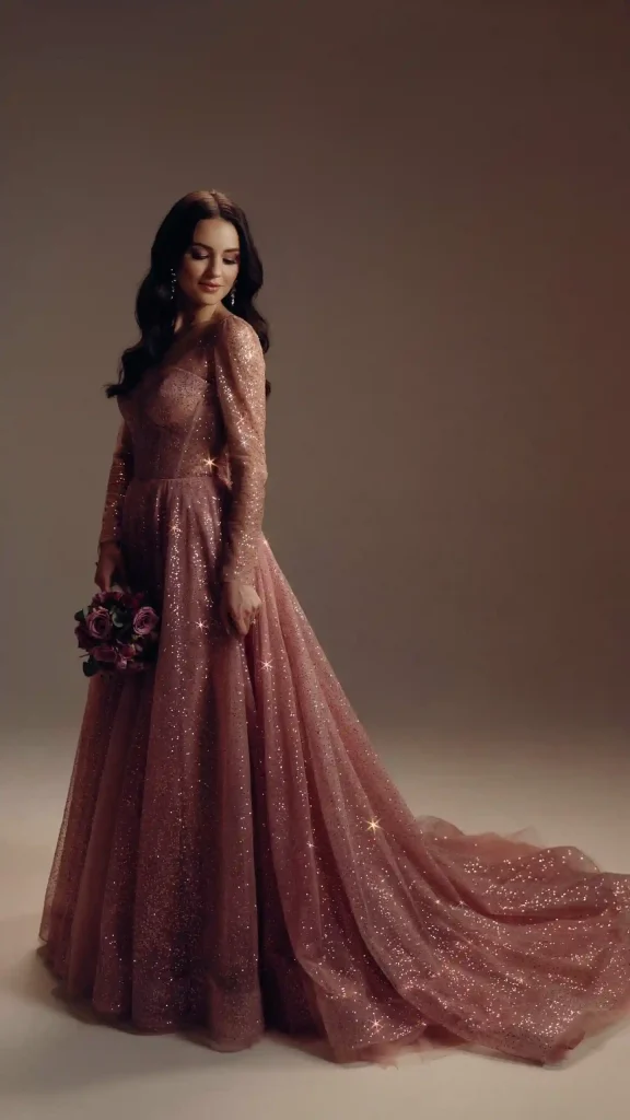 Burgundy-Glitter-Tulle-Wedding-Dress-with-Romantic-Layered-Cathedral-Train Burgundy Glitter Tulle Wedding Dress with Romantic Layered Cathedral Train