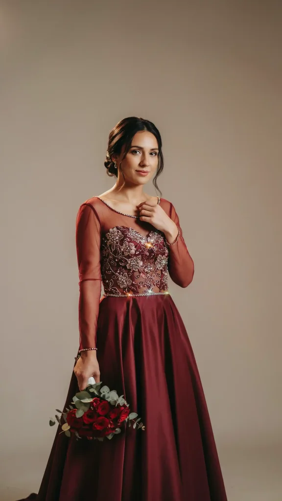 Burgundy-Illusion-Sleeve-Wedding-Dress-with-Sparkling-Embroidered-Bodice Burgundy Illusion Sleeve Wedding Dress with Sparkling Embroidered Bodice
