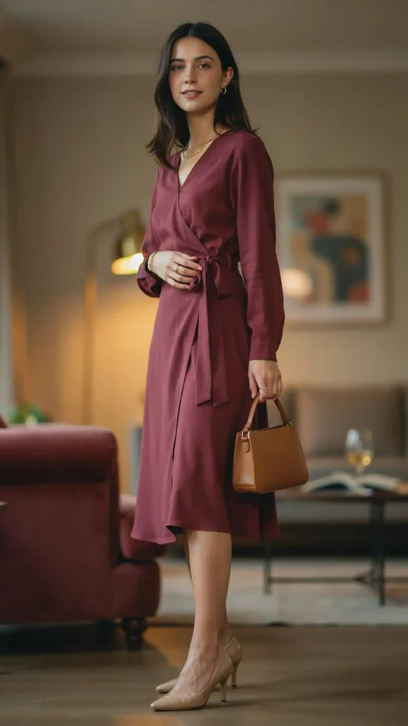 Burgundy-Long-Sleeve-Wrap-Dress-with-Minimal-Gold-Accessories Burgundy Long Sleeve Wrap Dress with Minimal Gold Accessories