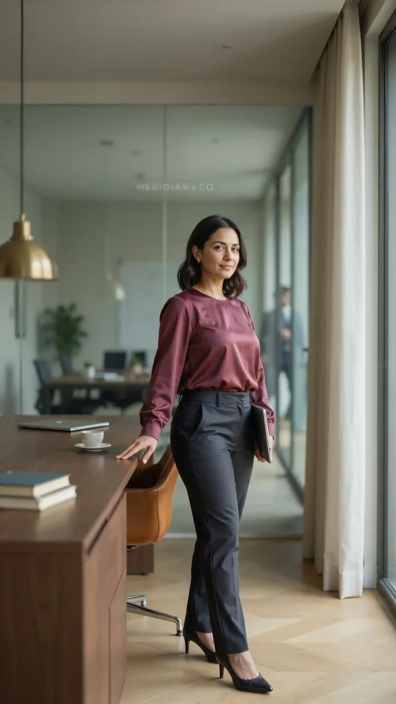 Burgundy-Satin-Blouse-with-Gray-Tailored-Office-Trousers Burgundy Satin Blouse with Gray Tailored Office Trousers