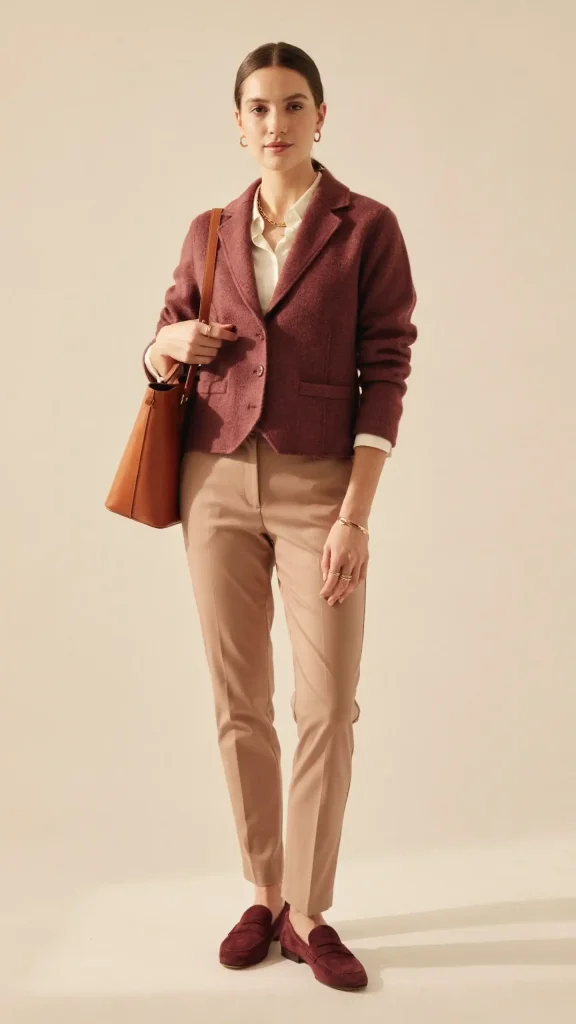Burgundy-Vest-with-Neutral-Pants-for-Sophisticated-Autumn-Style Burgundy Vest with Neutral Pants for Sophisticated Autumn Style