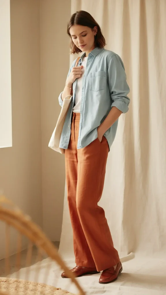 Burnt-Orange-Linen-Pants-Outfit-Styled-with-Soft-Chambray-Button-Shirt Burnt Orange Linen Pants Styled with Soft Chambray Button Shirt