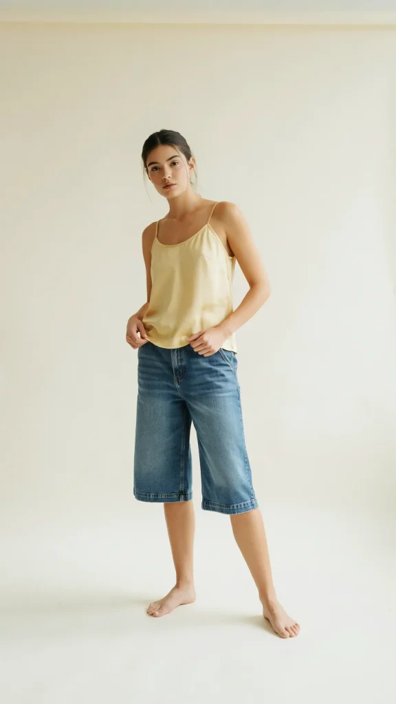 Butter-Yellow-Cami-with-Relaxed-Denim-Bermuda-Shorts-Style Butter Yellow Cami with Relaxed Denim Bermuda Shorts Style