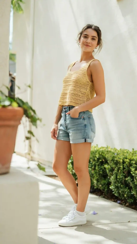 Butter-Yellow-Crochet-Top-With-Relaxed-Denim-Shorts Butter Yellow Crochet Top With Relaxed Denim Shorts