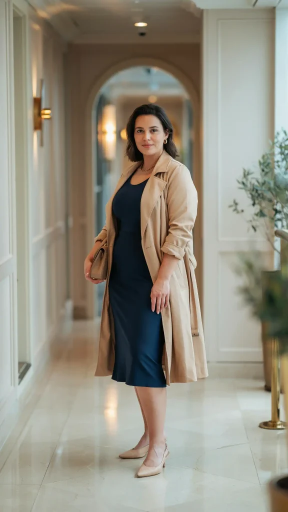 Camel-Lightweight-Trench-with-Navy-Midi-Dress-Style Camel Lightweight Trench with Navy Midi Dress Style