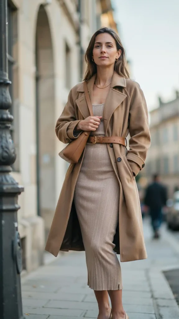 Camel-Trench-Coat-over-Neutral-Ribbed-Midi-Dress-Look Camel Trench Coat over Neutral Ribbed Midi Dress Look