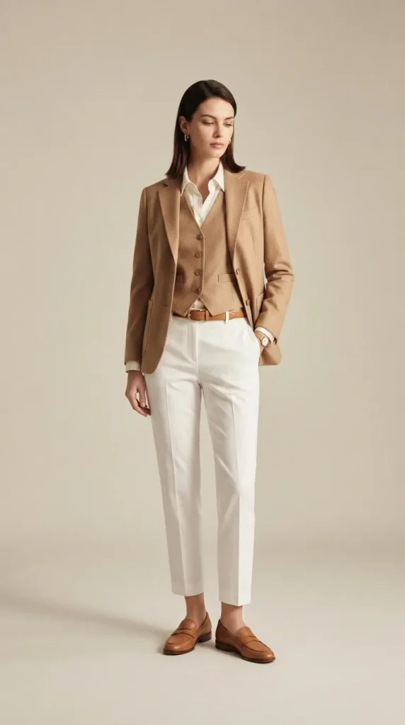 Camel-Vest-Layered-Over-Silk-Shirt-for-Polished-Outfits Camel Vest Layered Over Silk Shirt for Polished Outfits