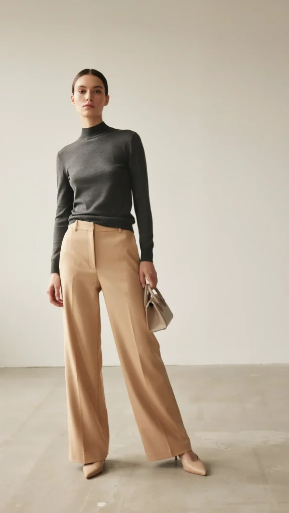 Charcoal-Mock-Neck-Top-with-Camel-Tailored-Wide-Leg-Pants Charcoal Mock Neck Top with Camel Tailored Wide Leg Pants
