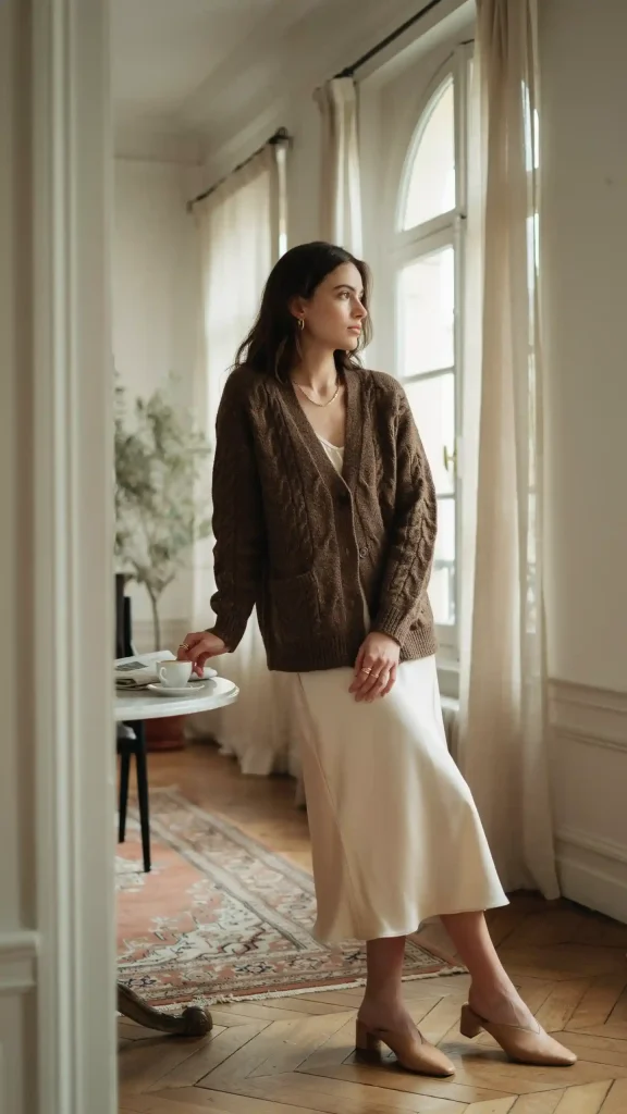 Chocolate-Brown-Knit-Cardigan-with-Satin-Midi-Slip-Skirt Chocolate Brown Knit Cardigan with Satin Midi Slip Skirt