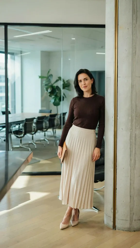 Chocolate-Brown-Knit-Top-with-Ivory-Pleated-Maxi-Skirt Chocolate Brown Knit Top with Ivory Pleated Maxi Skirt