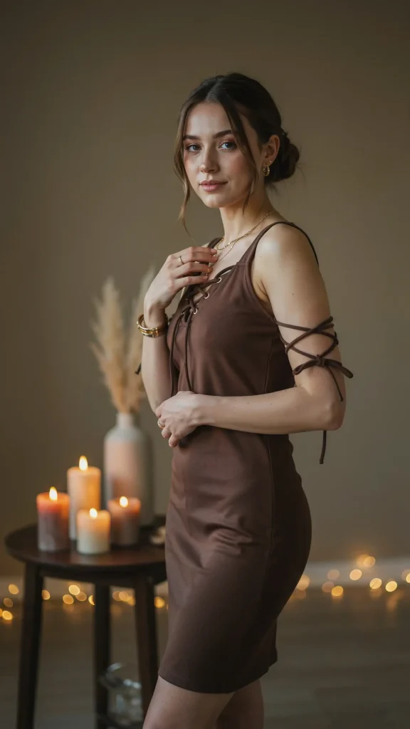 Chocolate-Brown-Tank-Dress-Lace-up-neck-and-Sleeves-Design Chocolate Brown Tank Dress Lace up neck and Sleeves Design