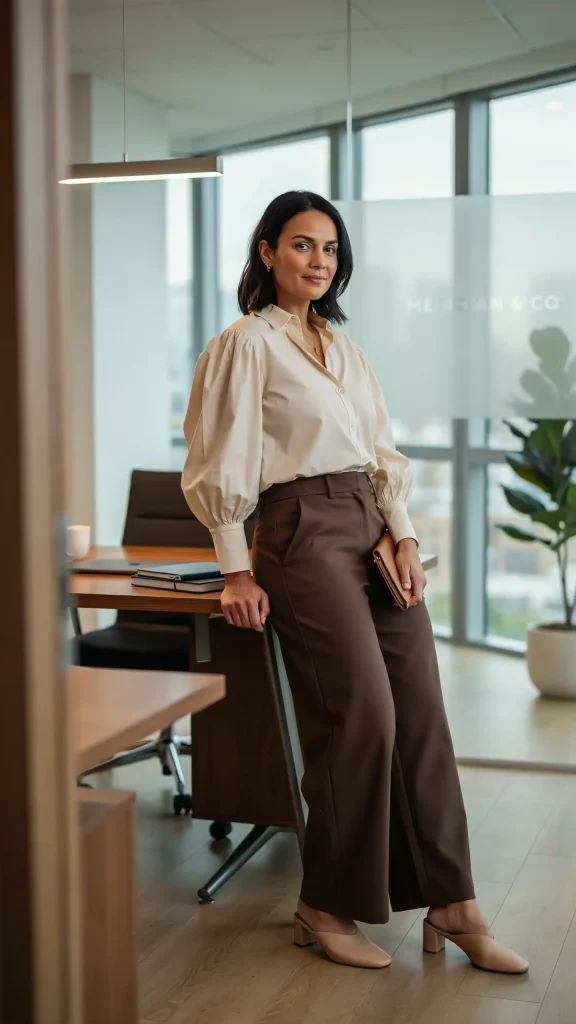 Chocolate-Brown-Wide-Leg-Pants-with-Ivory-Puff-Sleeve-Blouse Chocolate Brown Wide Leg Pants with Ivory Puff Sleeve Blouse